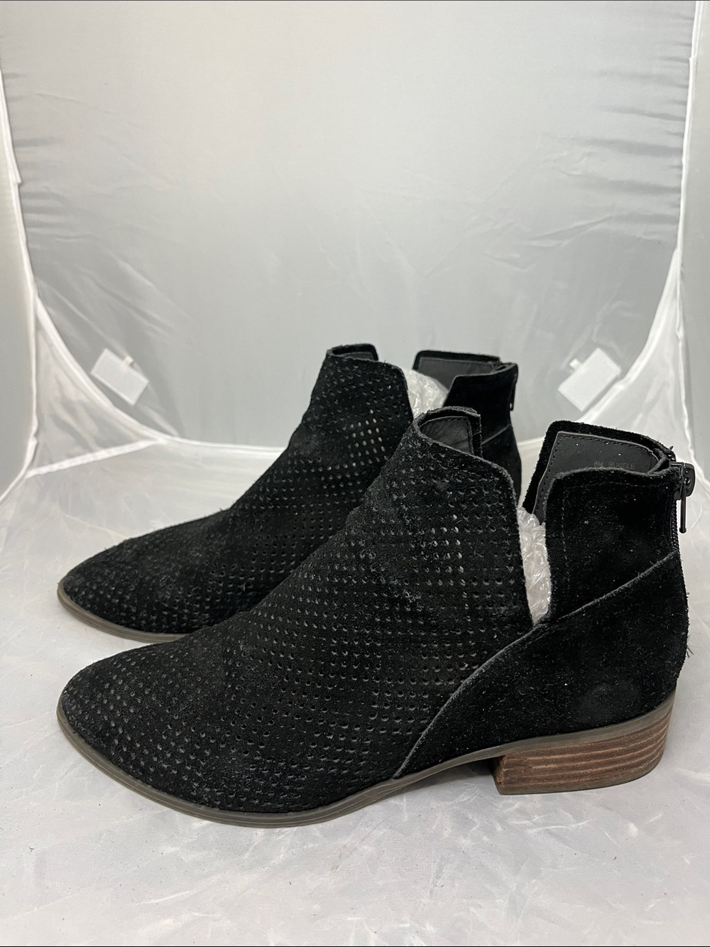 Crown Vintage Perforated Black Suede Ankle Booties with Low Heel - Size 8
